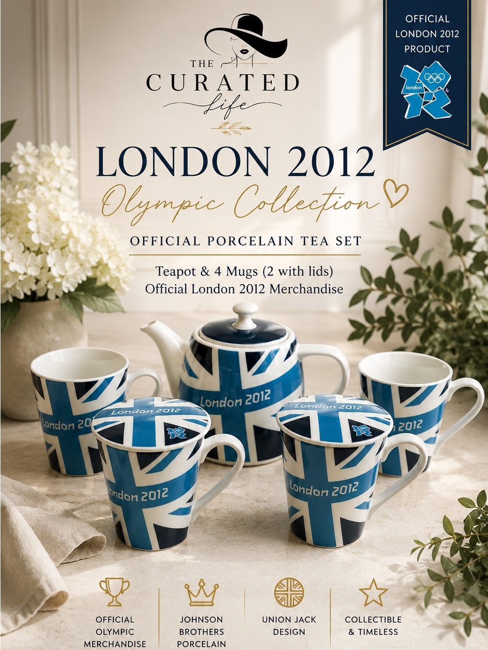 London 2012 Olympics Johnson Bros Union Jack Porcelain Tea Set Teapot + 4 Mugs